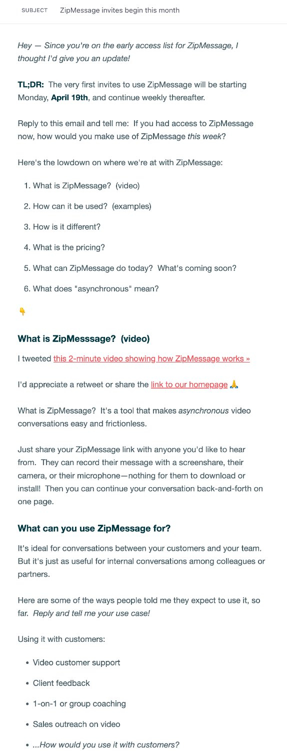 SaaS Product Launch Emails: Screenshot of ZipMessage's launch email