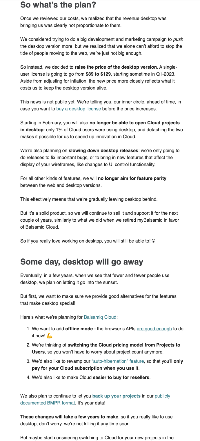 Saas Sunset Emails: Screenshot of Balsamiq's product sunset email