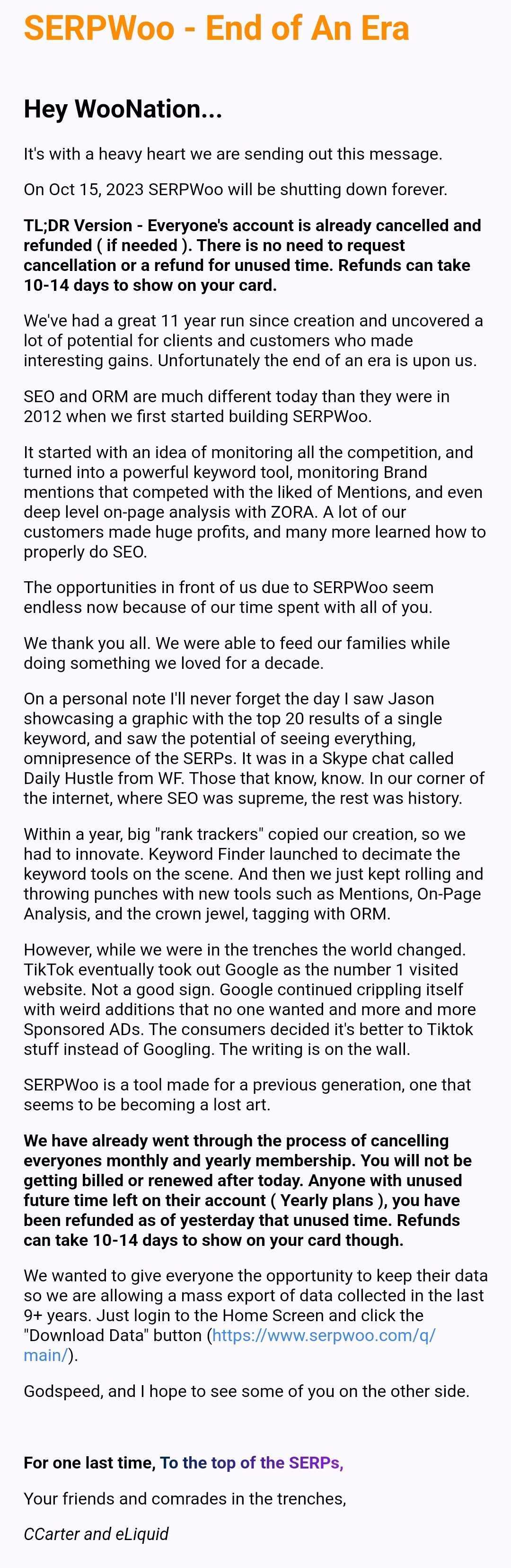 Saas Sunset Emails: Screenshot of SERPWoo's product sunset email