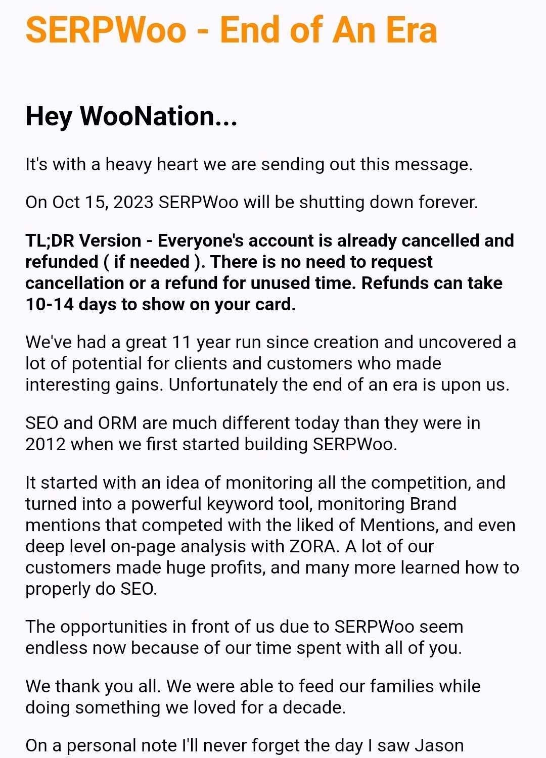 Saas Sunset Emails: Screenshot of SERPWoo's product sunset email