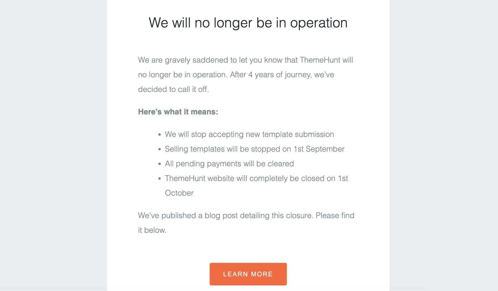 Saas Sunset Emails: Screenshot of ThemeHunt's product sunset email