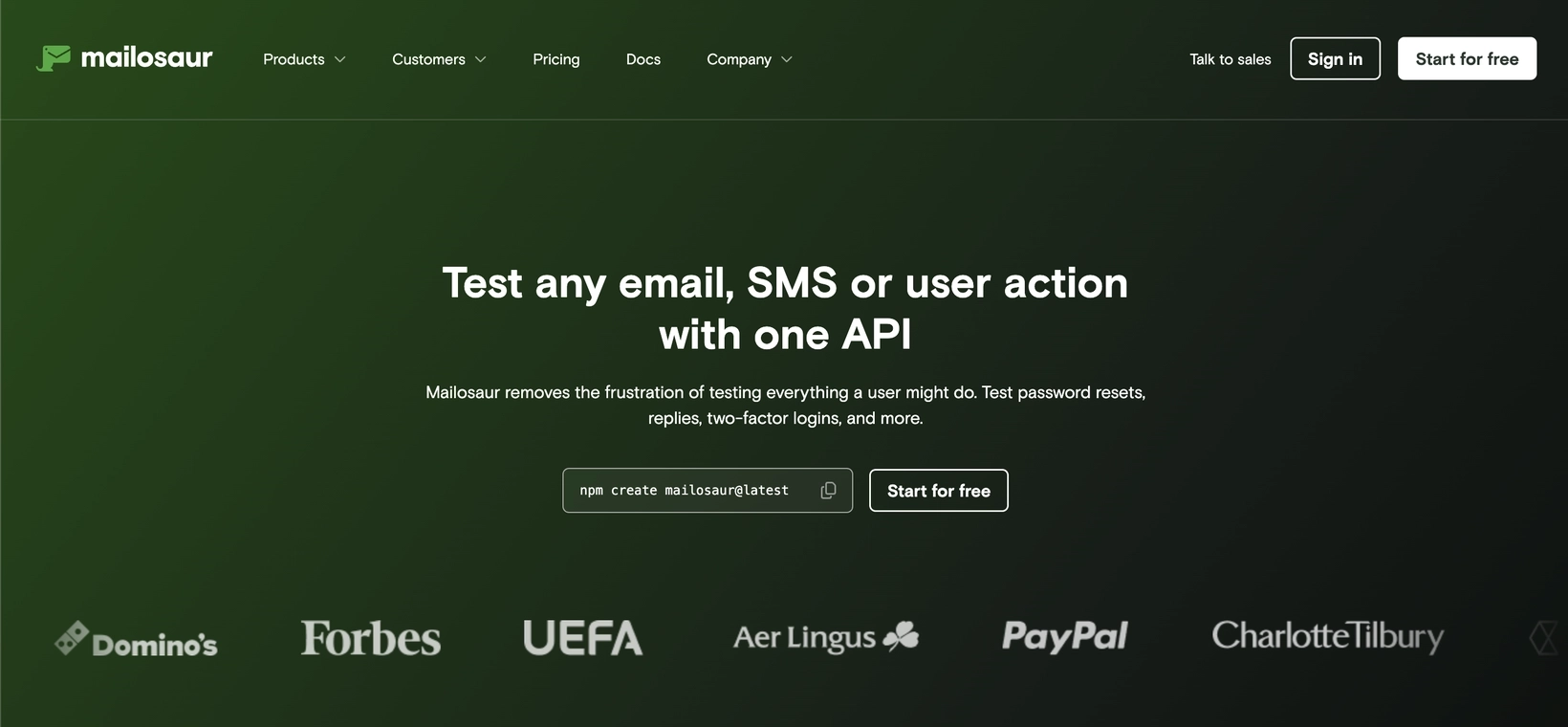 Professional Email Marketing Tools: Screenshot of Mailosaur's homepage