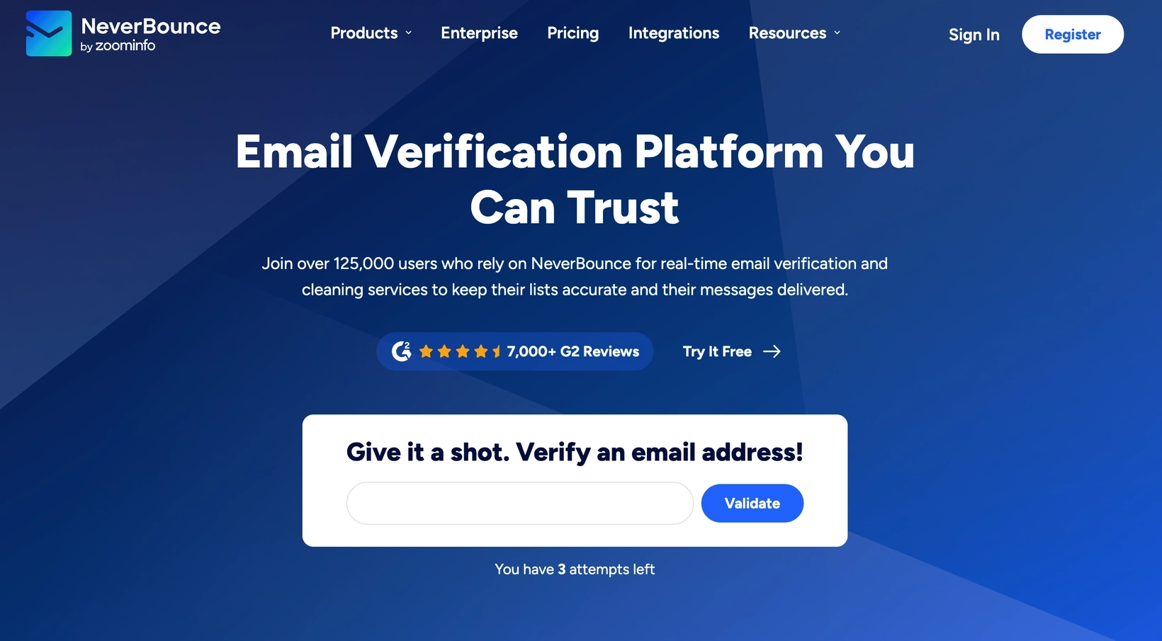 Professional Email Marketing Tools: Screenshot of NeverBounce's homepage