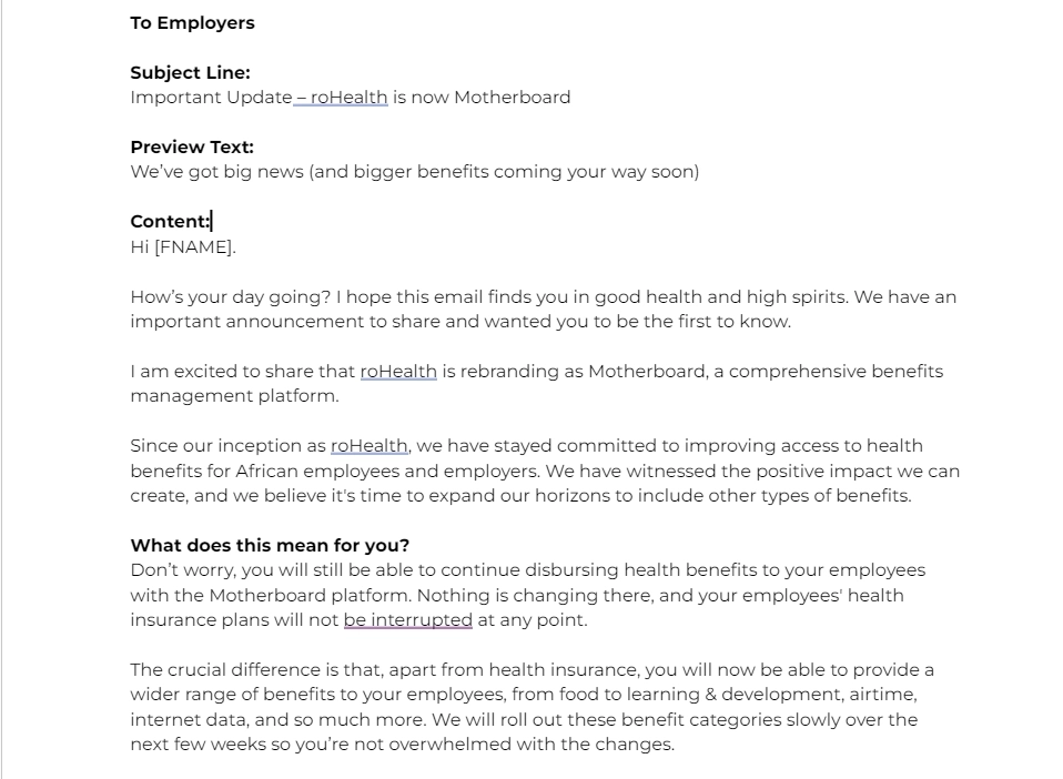 SaaS Rebranding Announcement Emails: Screenshot of roHealth's email announcing its renaming to Motherboard