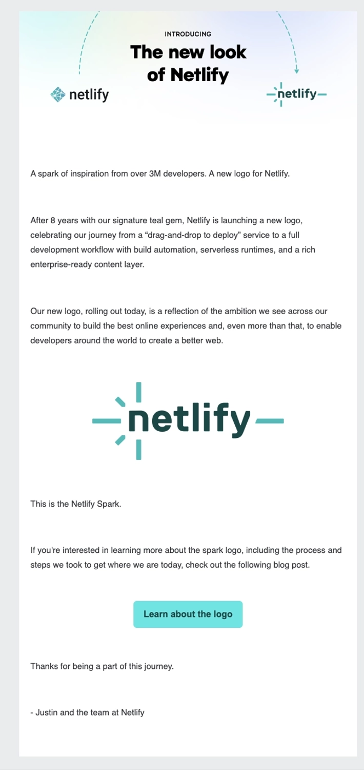 SaaS Rebranding Announcement Emails: Screenshot of Netlify's email announcing their new visual branding