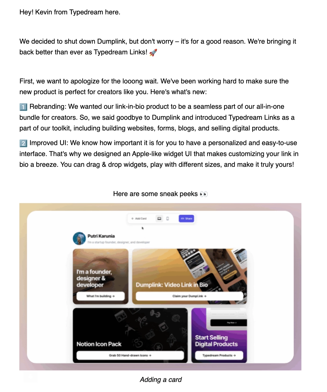SaaS Rebranding Announcement Emails: Screenshot of Dumplink's email announcing their renaming to Typedream