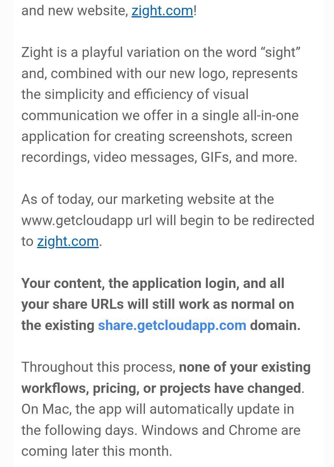 SaaS Rebranding Announcement Emails: Screenshot of Zight's email announcing its rebranding