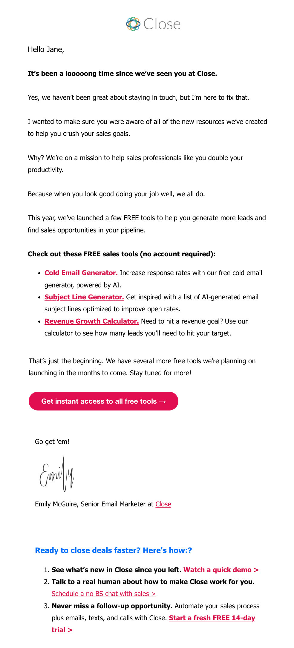 SaaS Re-engagement Emails: Screenshot of Close's email