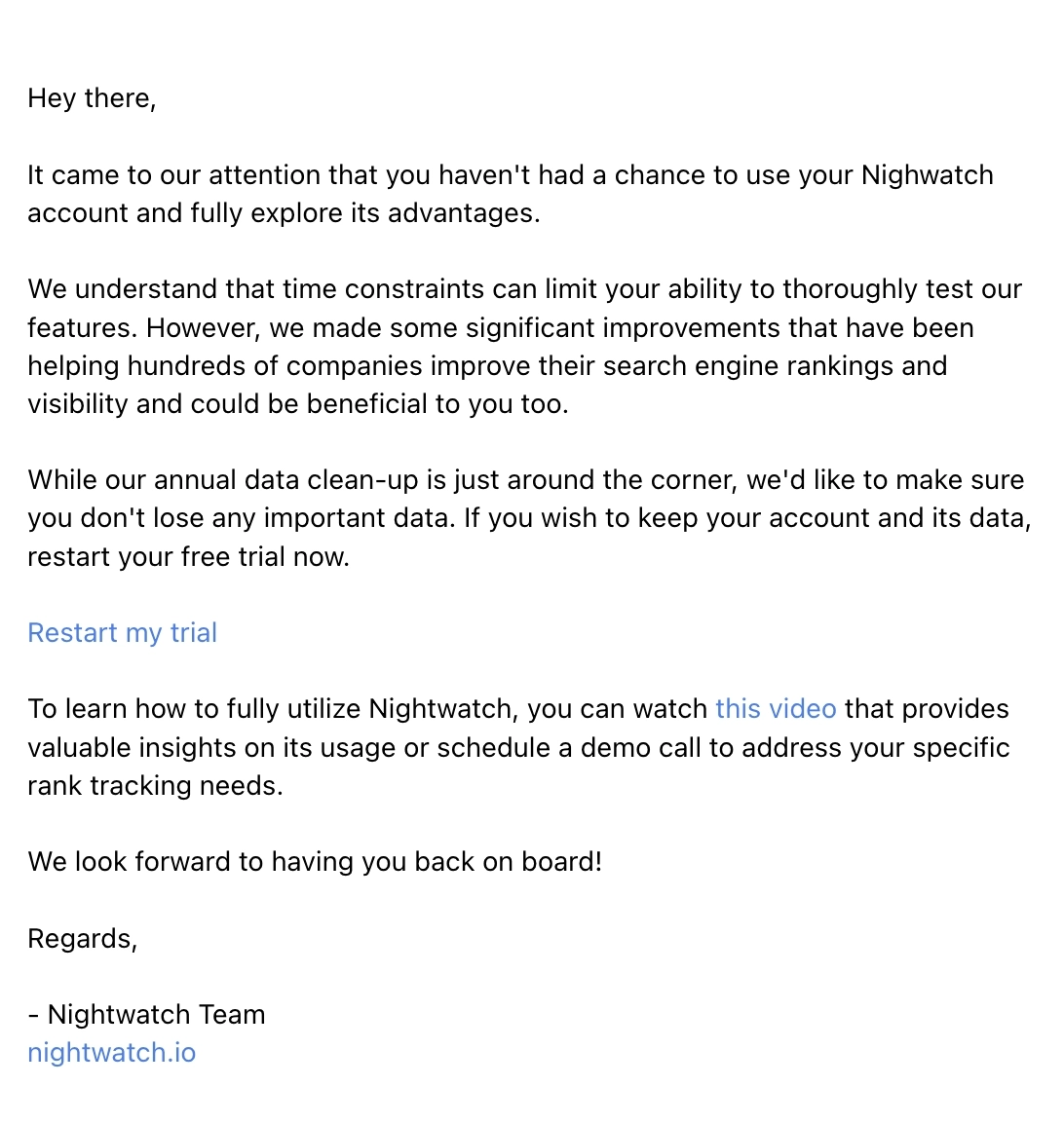 SaaS Re-engagement Emails: Screenshot of Nightwatch's email