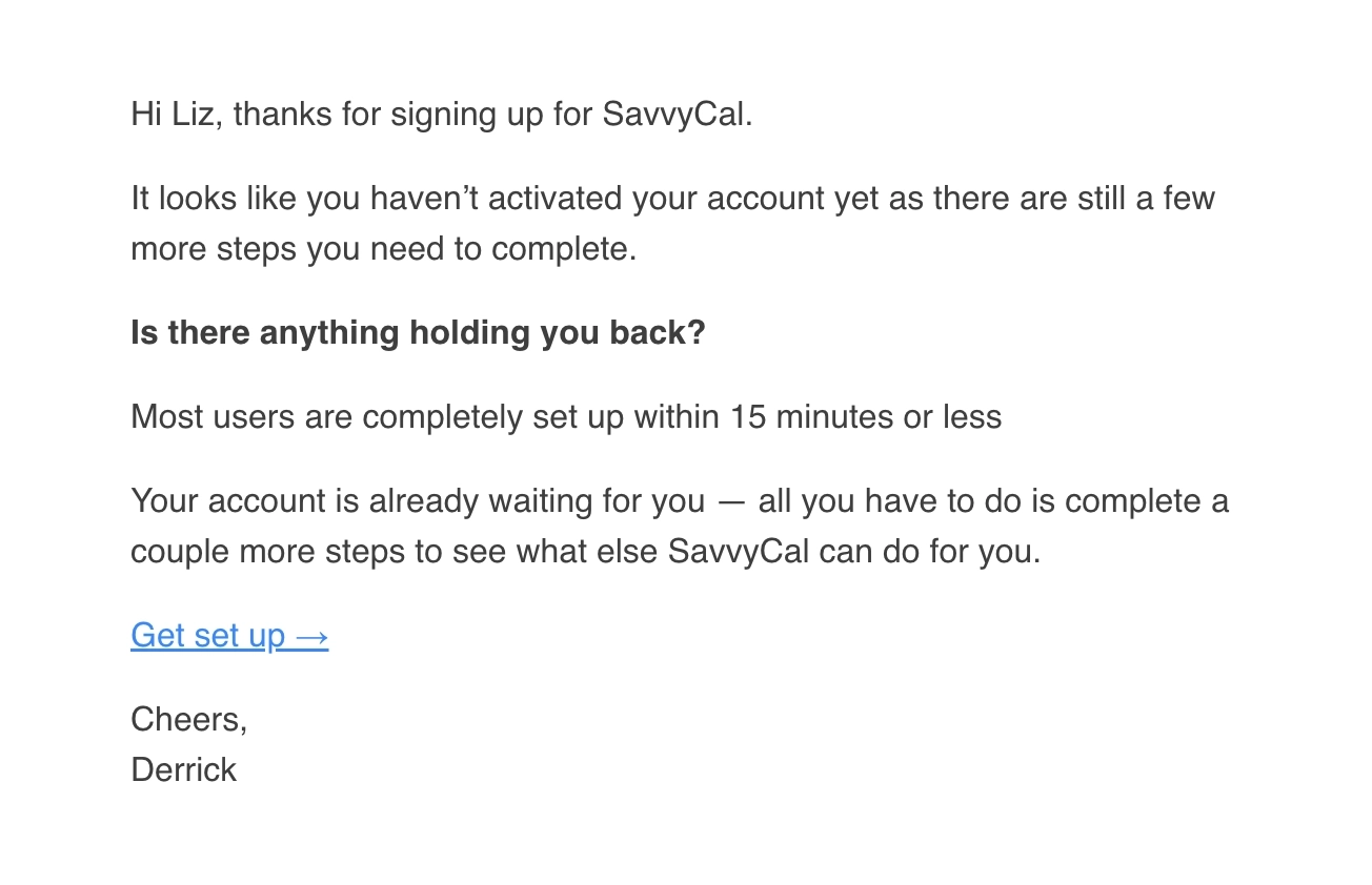 SaaS Re-engagement Emails: Screenshot of SavvyCal's email