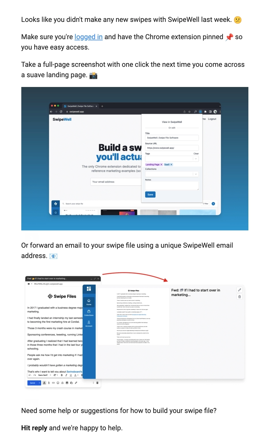 SaaS Re-engagement Emails: Screenshot of SwipeWell's email