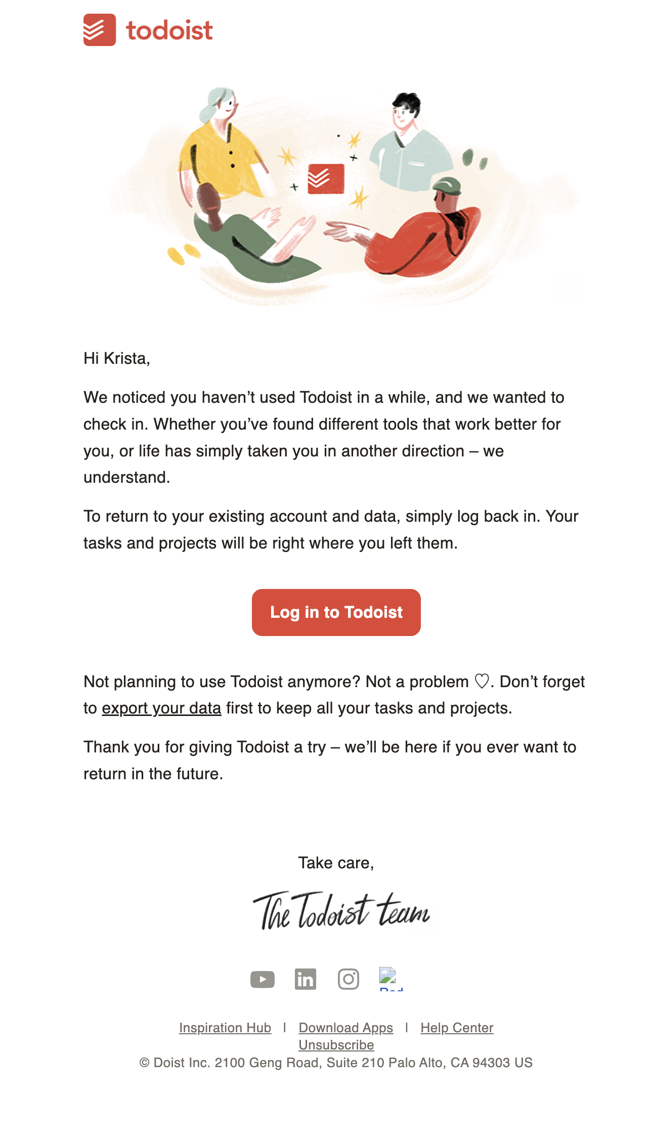 SaaS Re-engagement Emails: Screenshot of Todoist's email