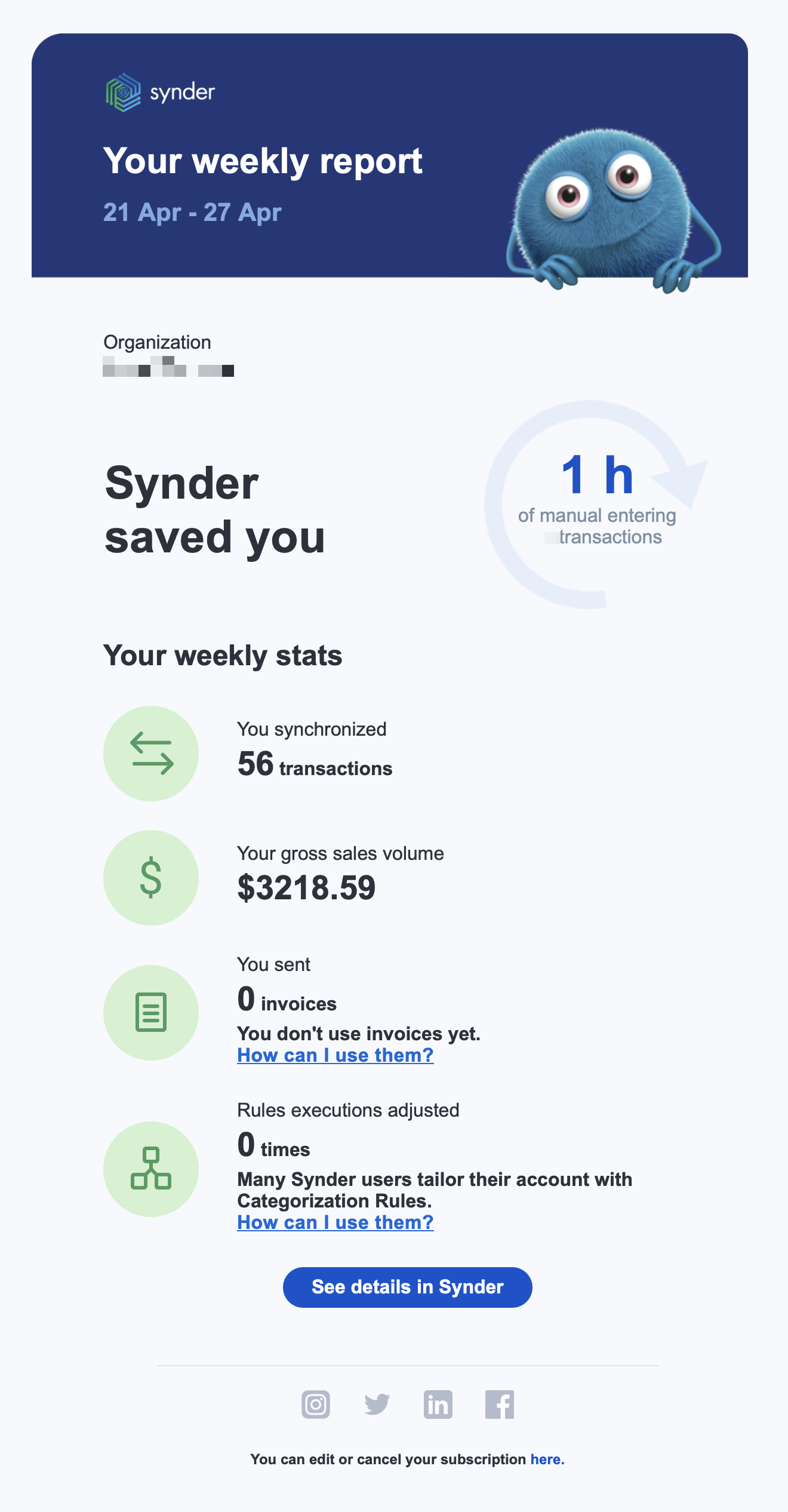 SaaS Report Emails: Screenshot of Snyder's report email