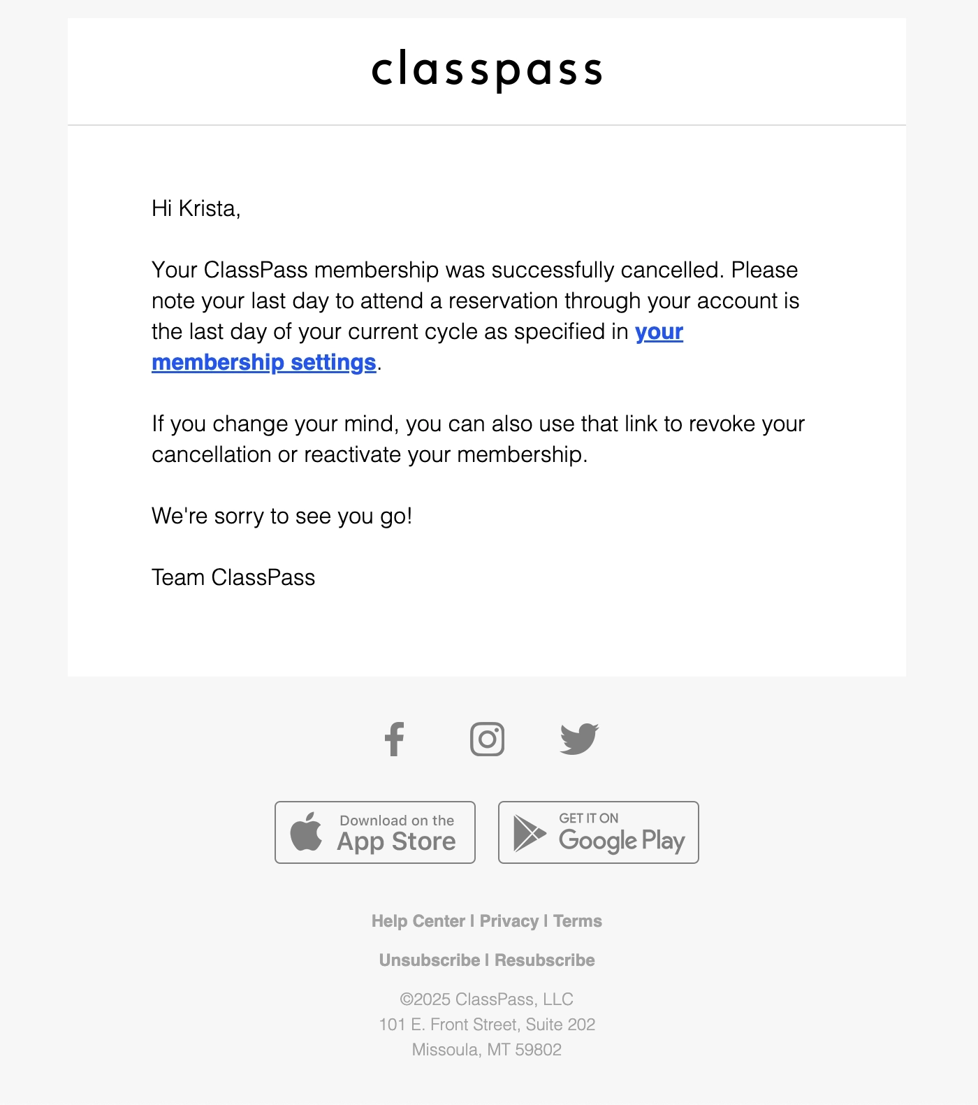 SaaS Cancellation Emails: Screenshot of ClassPass' cancellation email