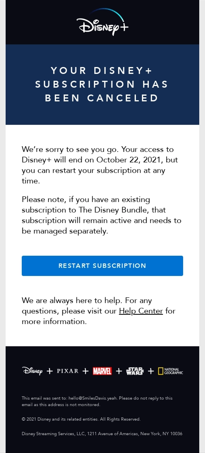 SaaS Cancellation Emails: Screenshot of Disney Plus's cancellation email