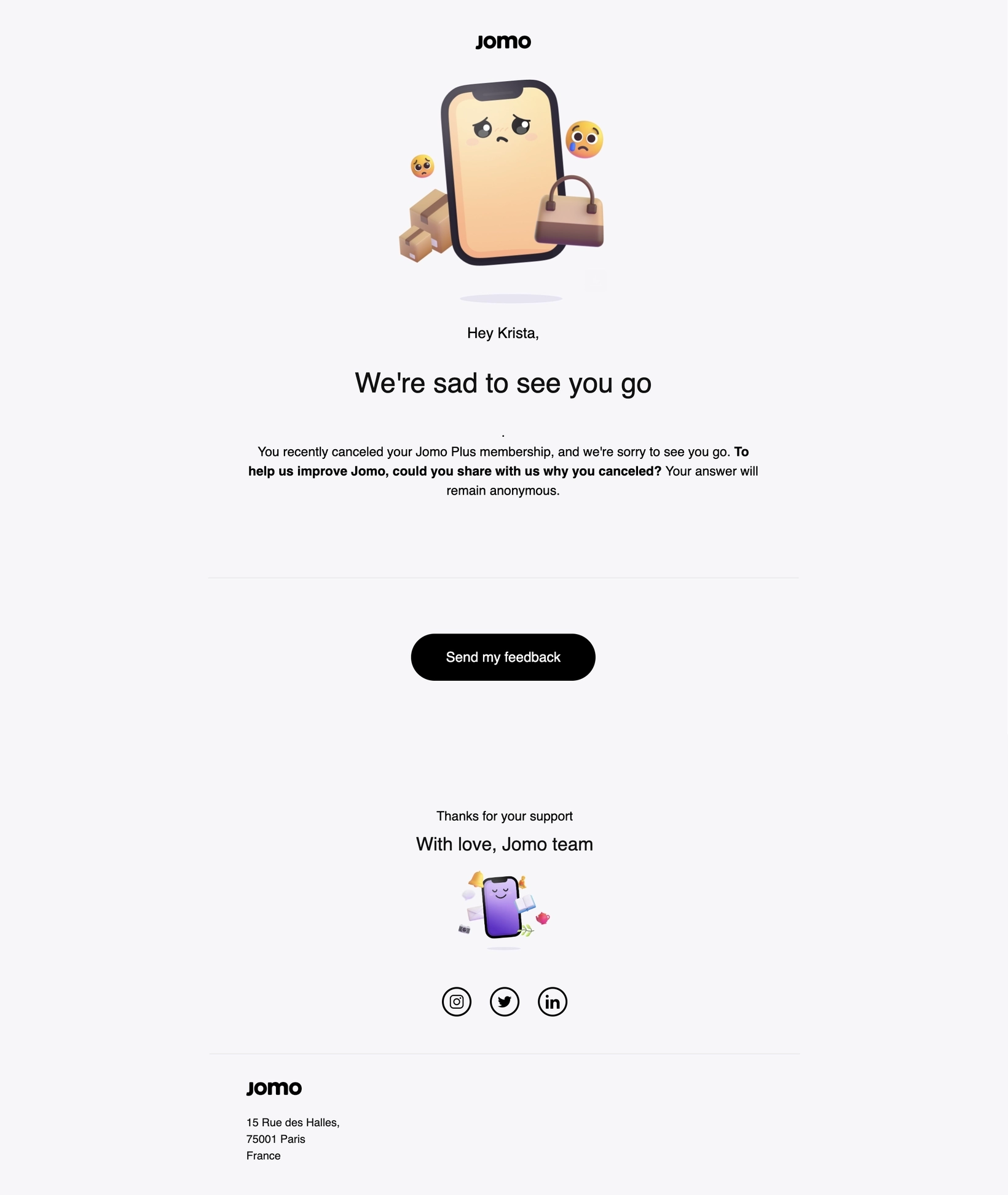 Feedback Email Examples: Screenshot of Jomo's cancellation email