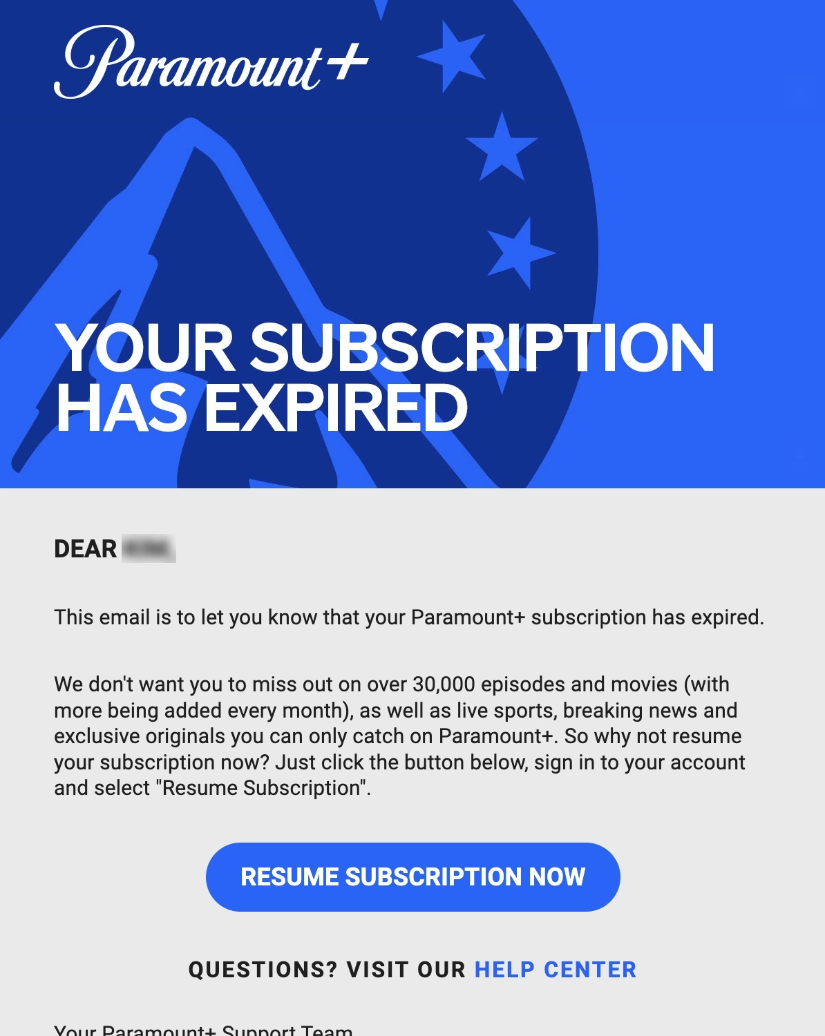 SaaS Cancellation Emails: Screenshot of Paramount's cancellation email