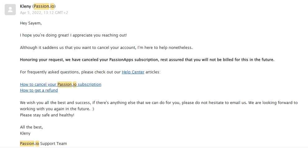 SaaS Cancellation Emails: Screenshot of Passion's cancellation email