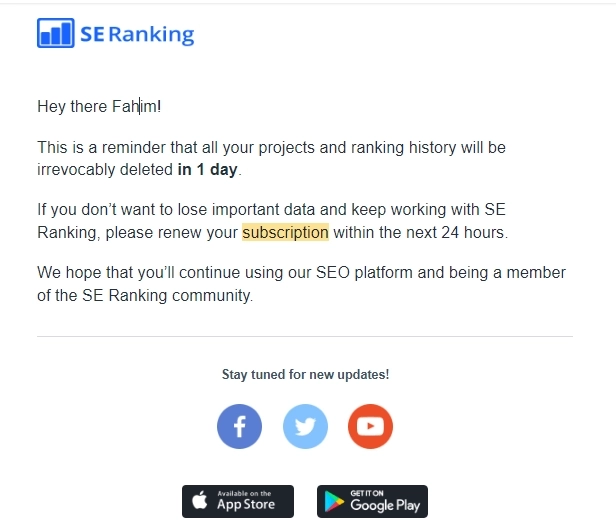 SaaS Cancellation Emails: Screenshot of SE Ranking's cancellation email