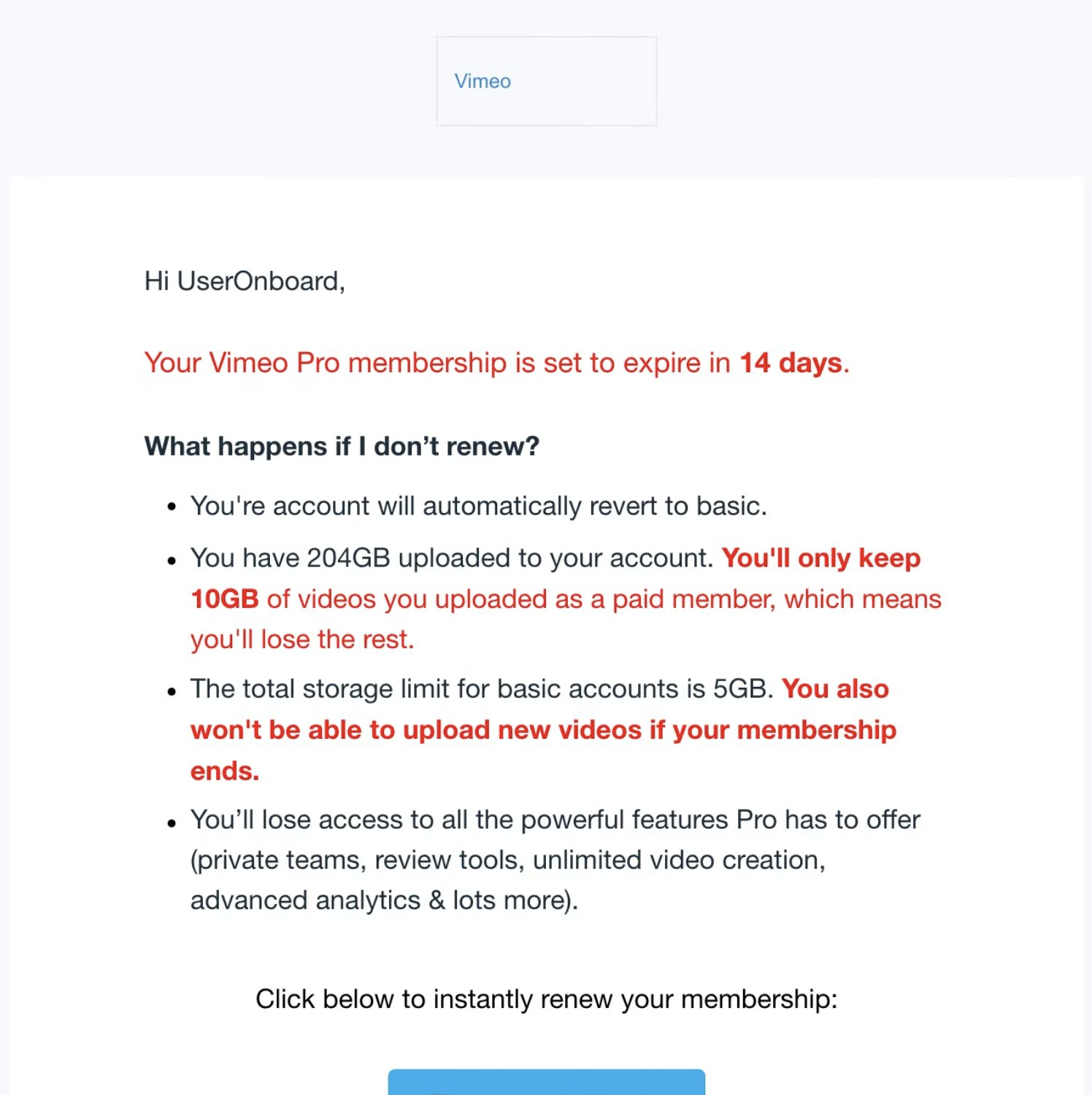 SaaS Cancellation Emails: Screenshot of Vimeo's cancellation email