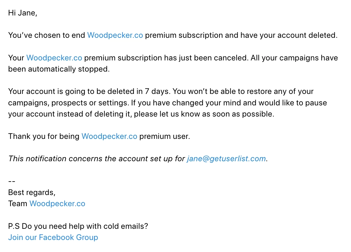 SaaS Cancellation Emails: Screenshot of Woodpecker's cancellation email