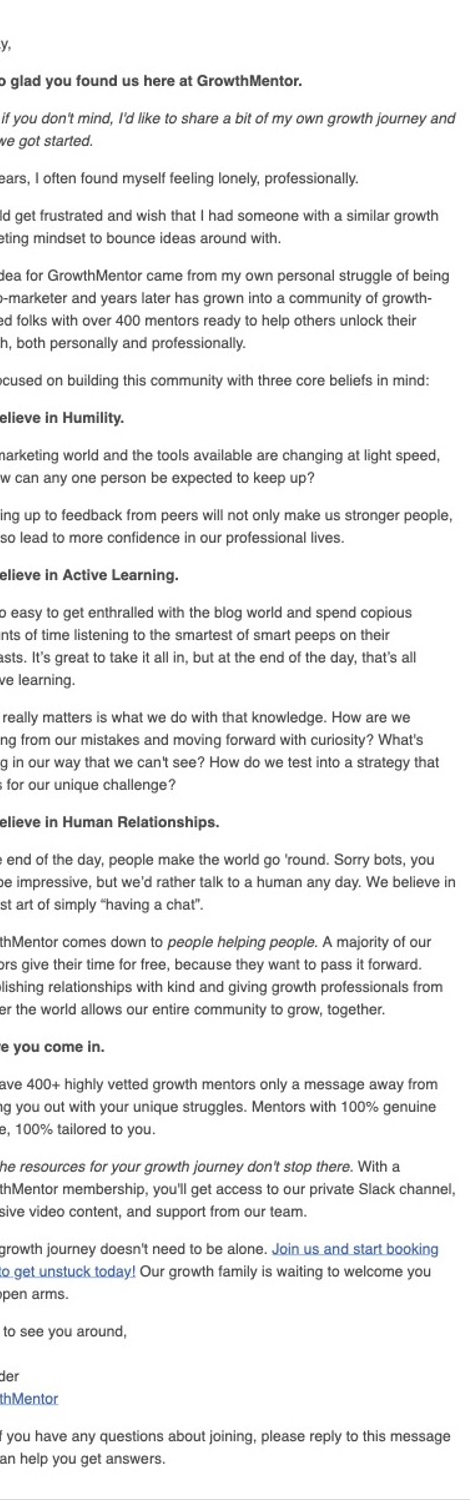 SaaS Email Nurture Campaigns: GrowthMentor's first nurture email