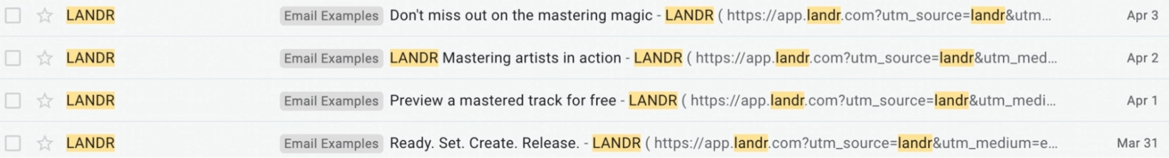 SaaS Email Nurture Campaigns: LANDR's nurture emails previewed from an inbox