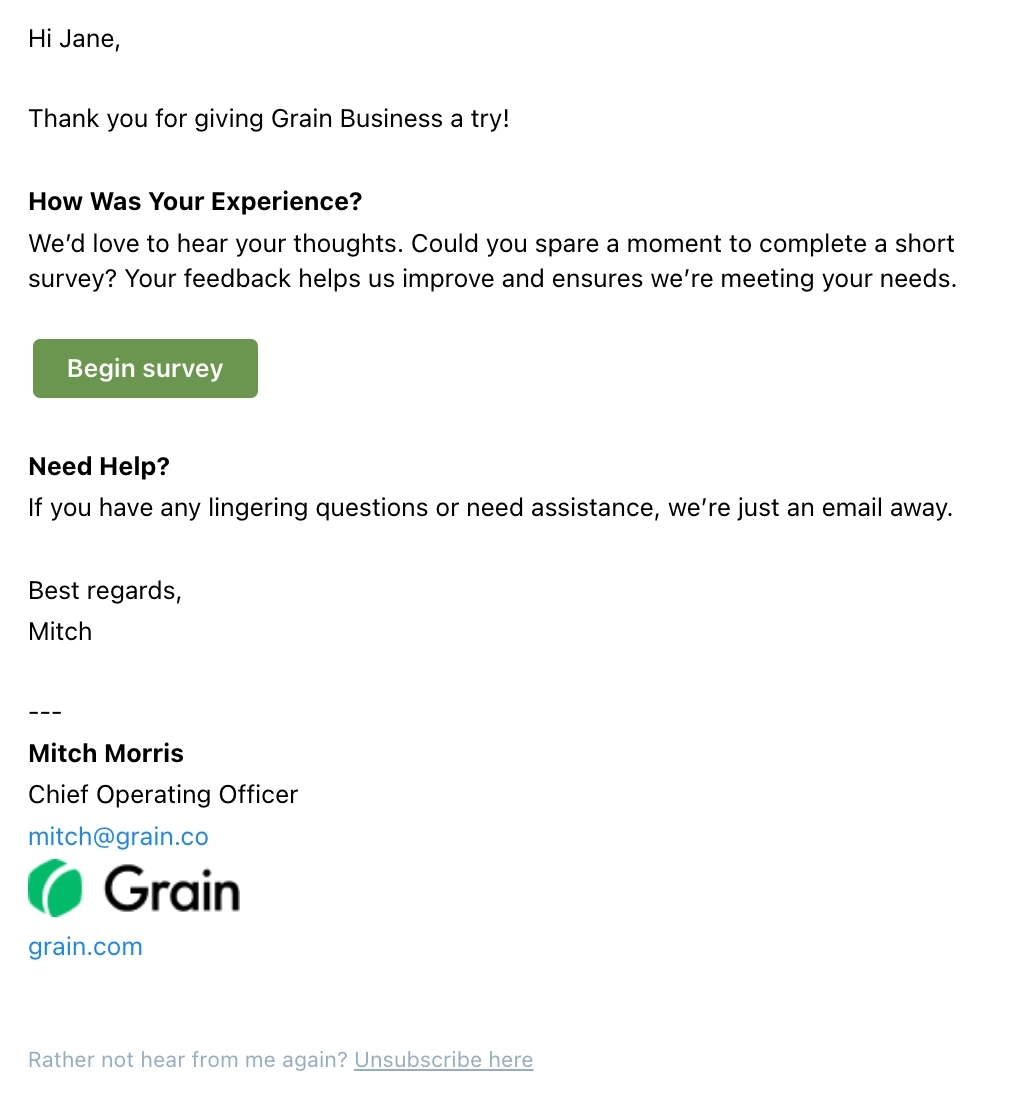 Feedback Email Examples: Screenshot of Grain's feedback email