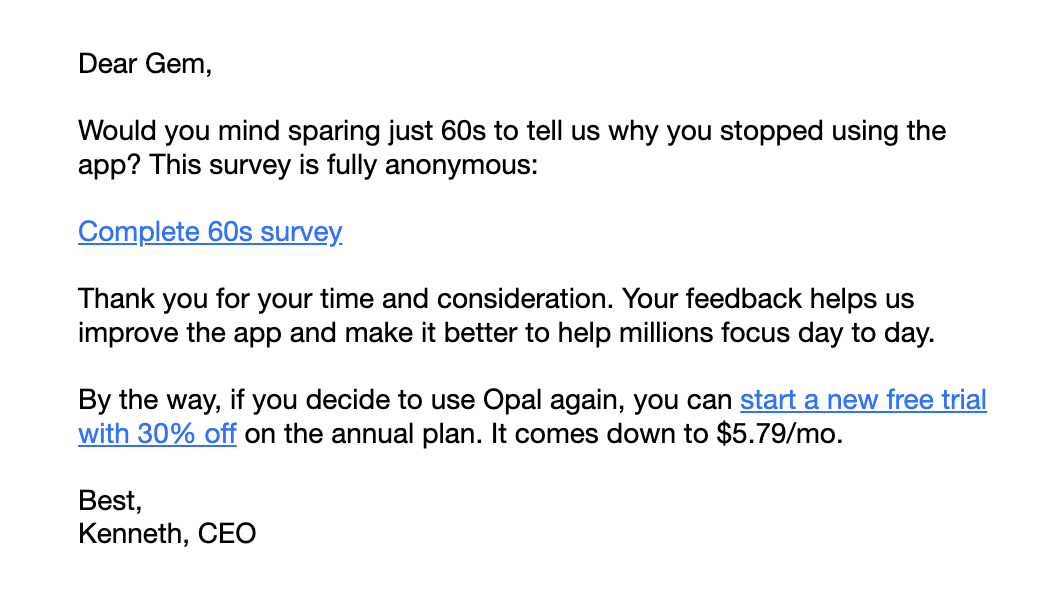 Feedback Email Examples: Screenshot of Opal's cancellation feedback email