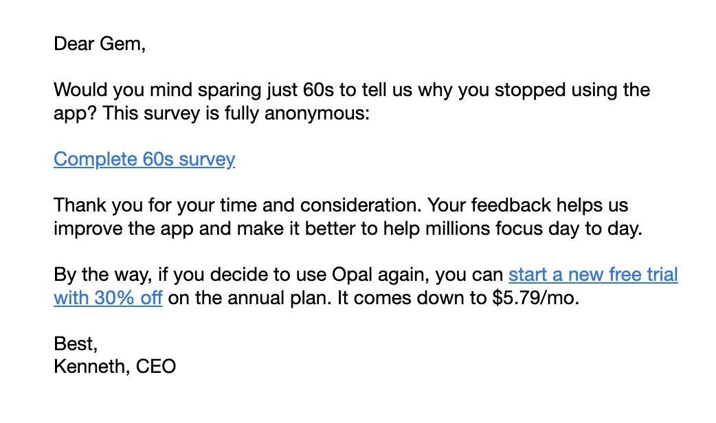 Feedback Email Examples: Screenshot of Opal's cancellation feedback email
