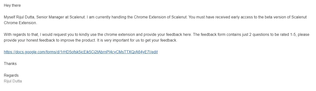 Feedback Email Examples: Screenshot of Scalenut's email asking for customer feedback