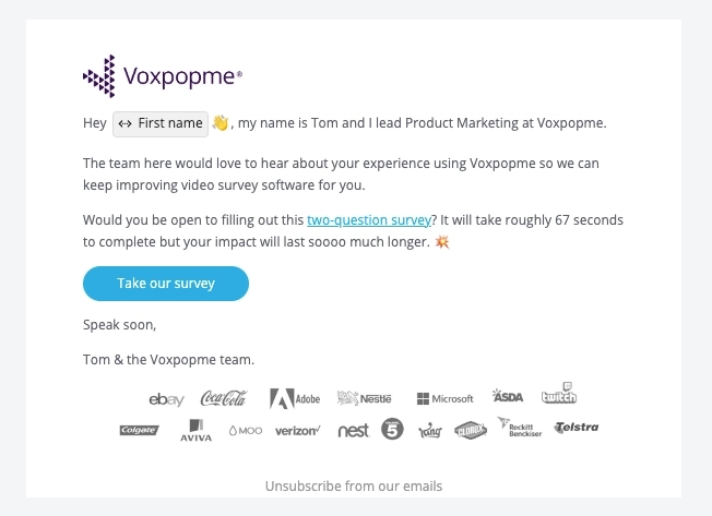 Feedback Email Examples: Screenshot of Voxpopme's email asking for customer feedback