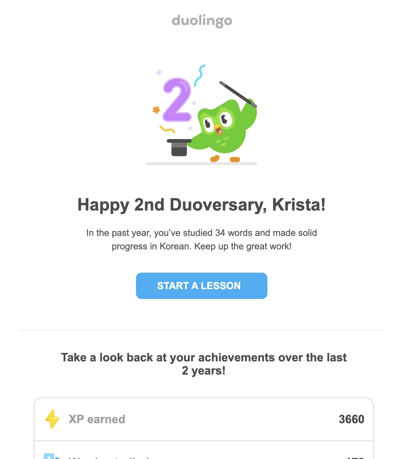 SaaS Milestone Emails: Screenshot of Duolingo's anniversary email