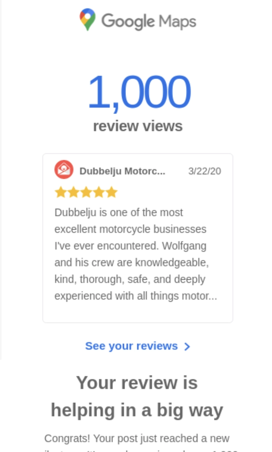 SaaS Milestone Emails: Screenshot of Google Map's activity milestone email