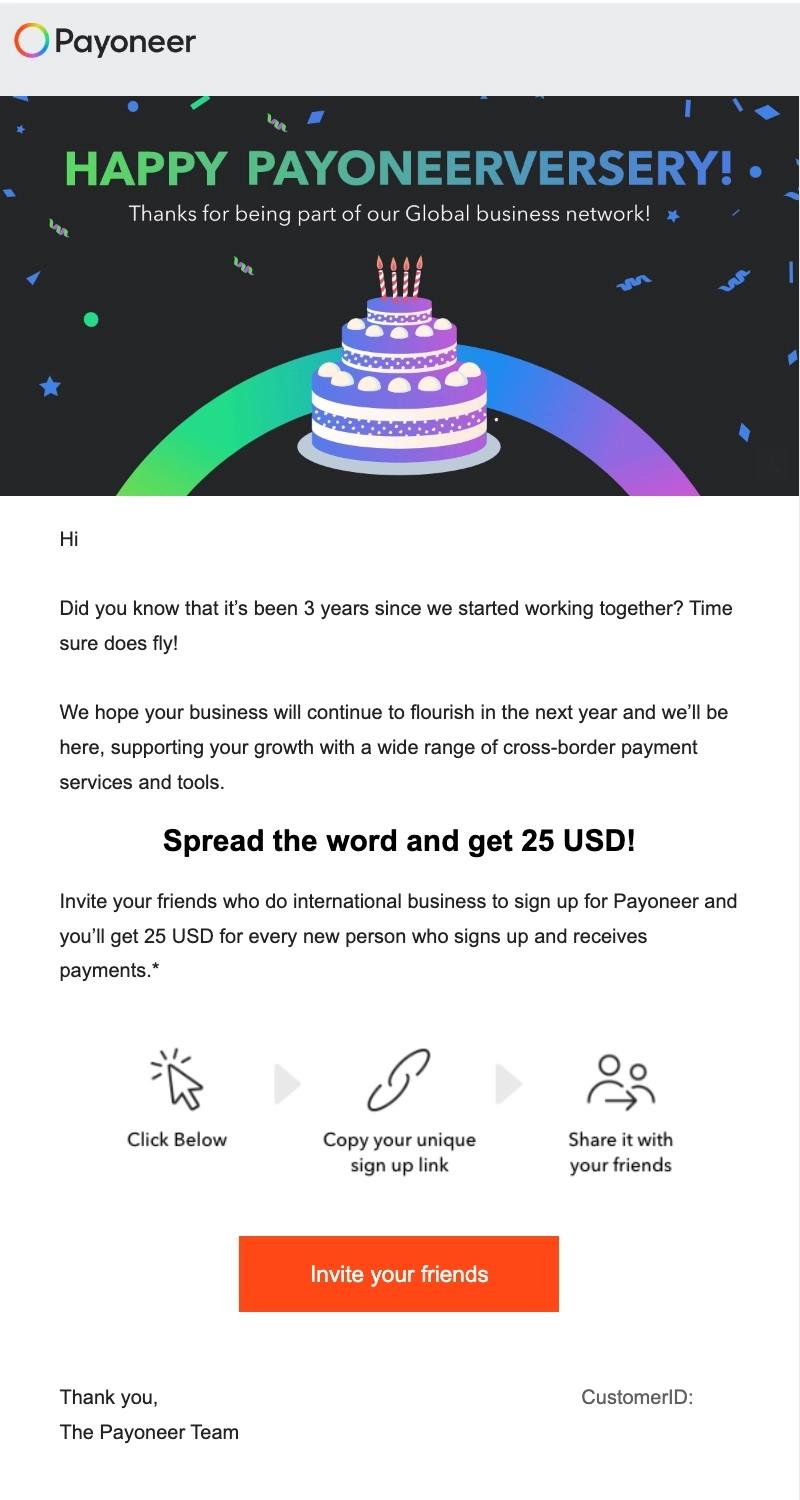 SaaS Milestone Emails: Screenshot of Payoneer's anniversary email