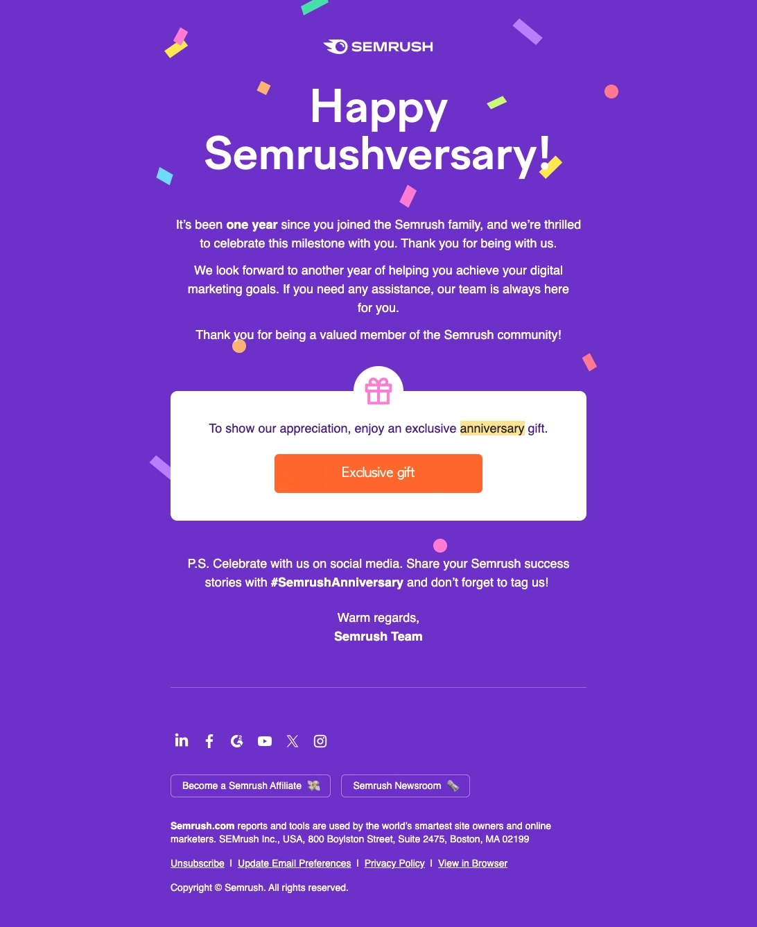SaaS Milestone Emails: Screenshot of Semrush's anniversary email