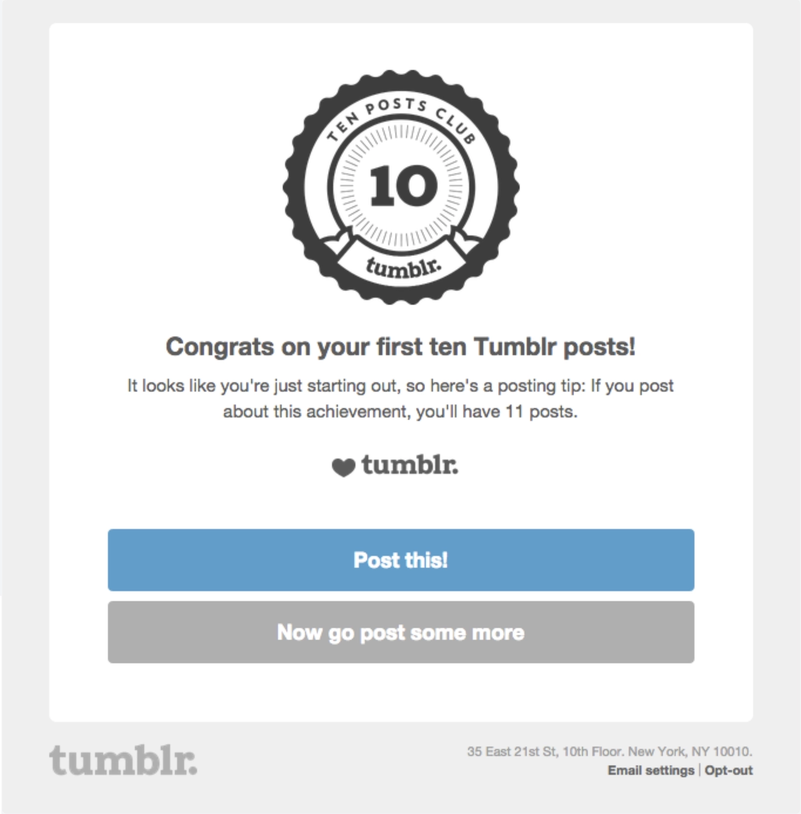 SaaS Milestone Emails: Screenshot of Tumblr's activity milestone email
