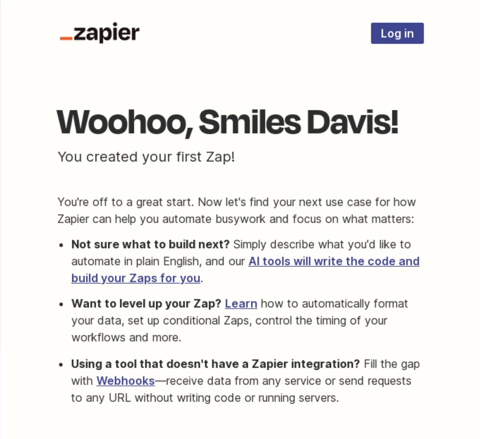 SaaS Milestone Emails: Screenshot of Zapier's milestone email