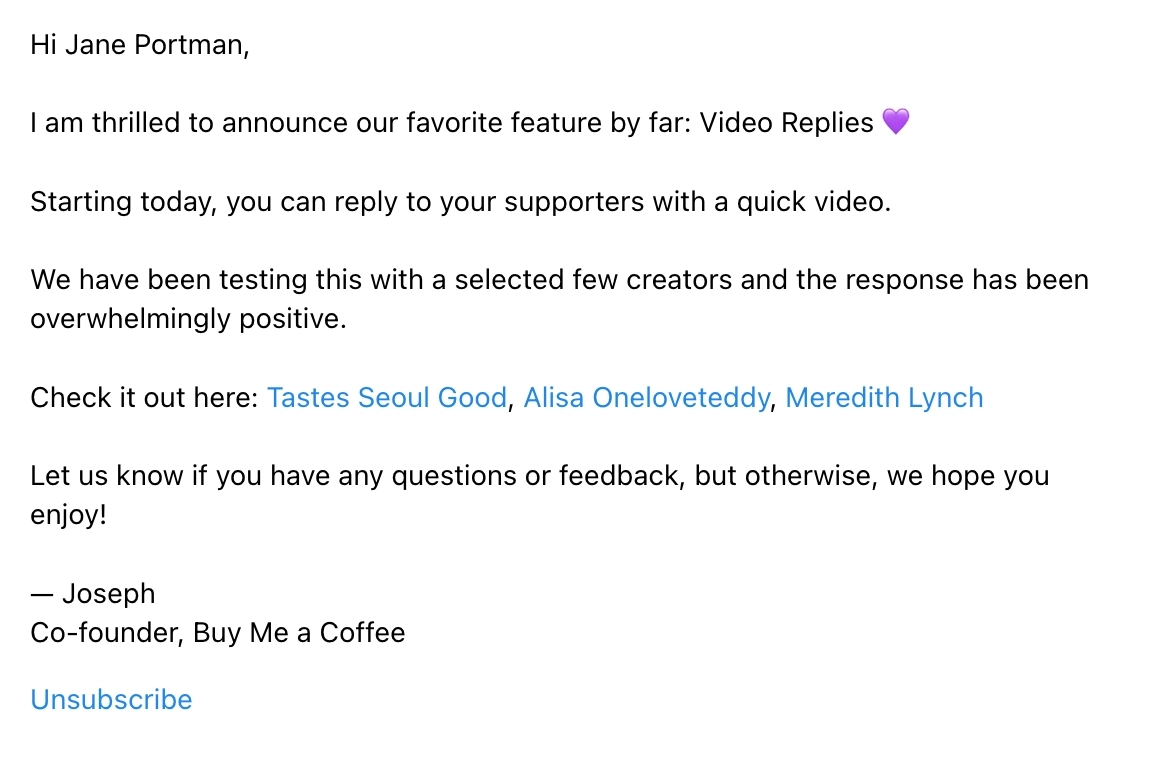 New Feature Announcement Emails: Screenshot of Buy Me a Coffee's email talking about their latest feature