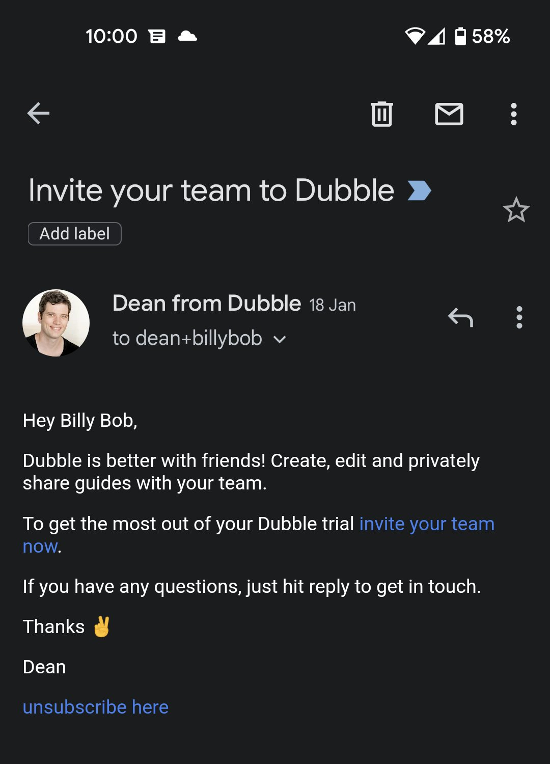SaaS Plain Text Emails: Screenshot of Dubble's plain text email