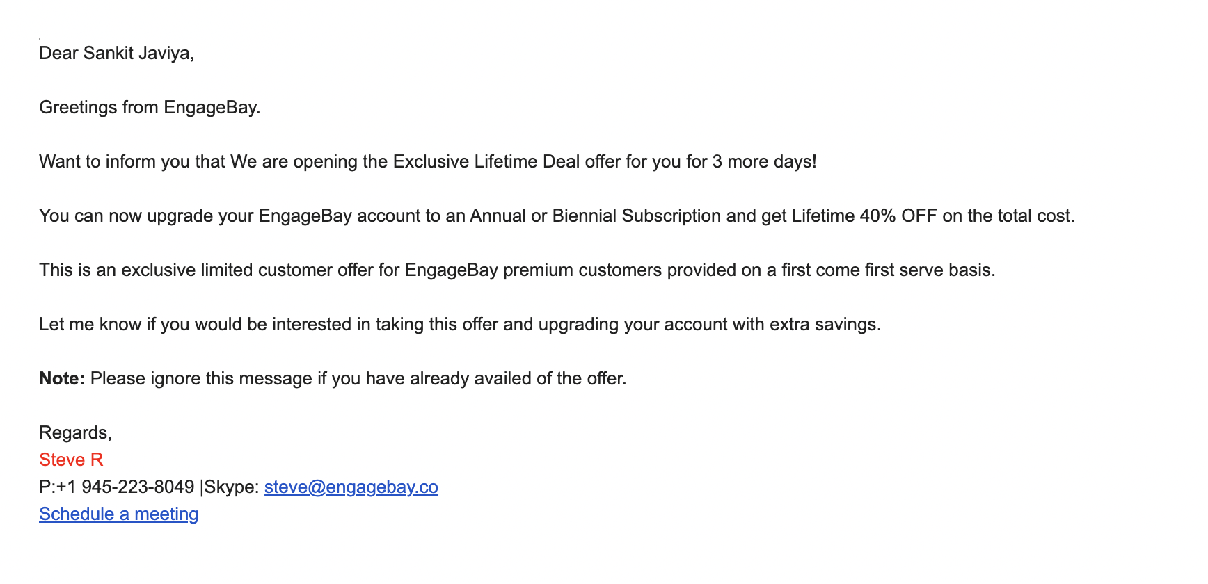 SaaS Plain Text Emails: Screenshot of EngageBay's plain text email