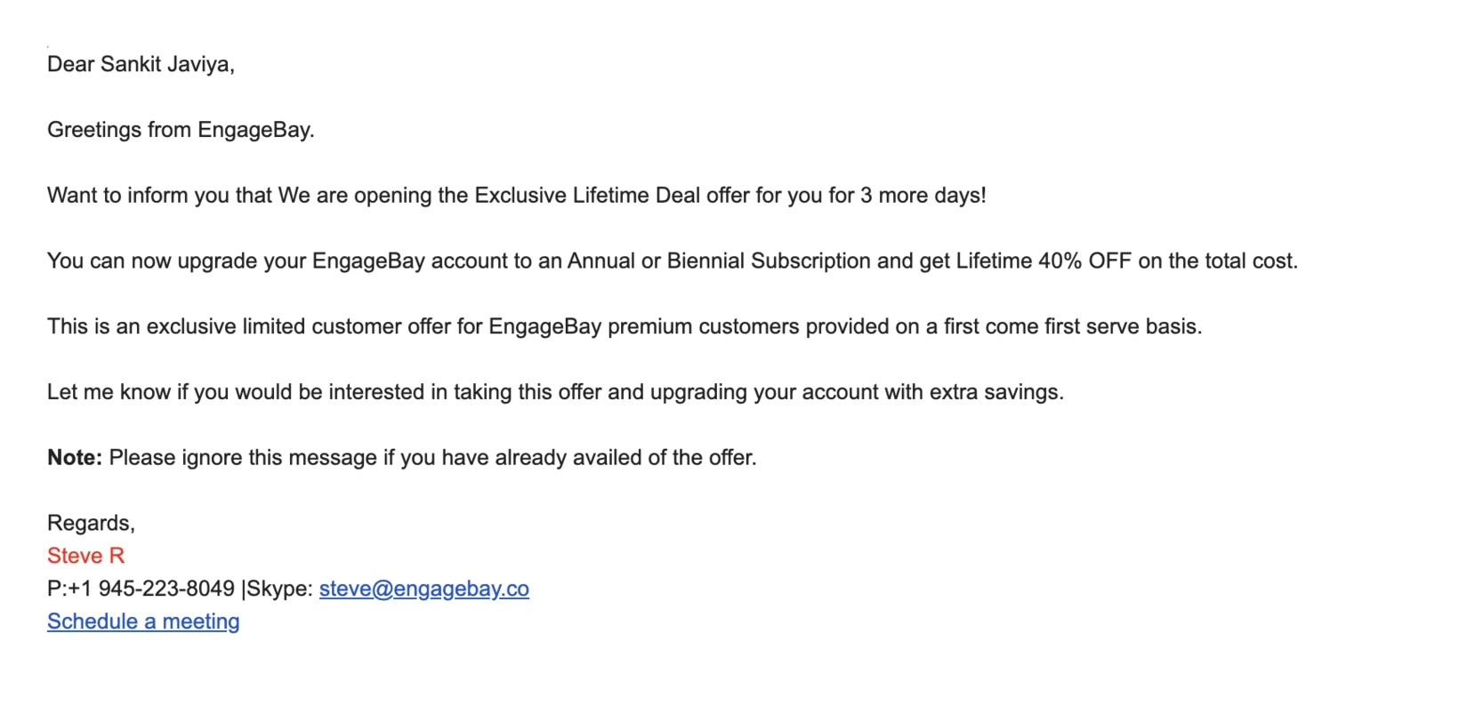 SaaS Plain Text Emails: Screenshot of EngageBay's plain text email