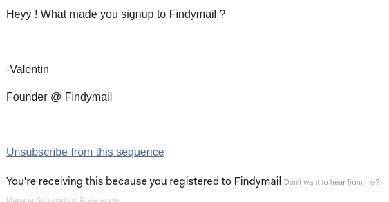SaaS Plain Text Emails: Screenshot of Findymail's plain text email