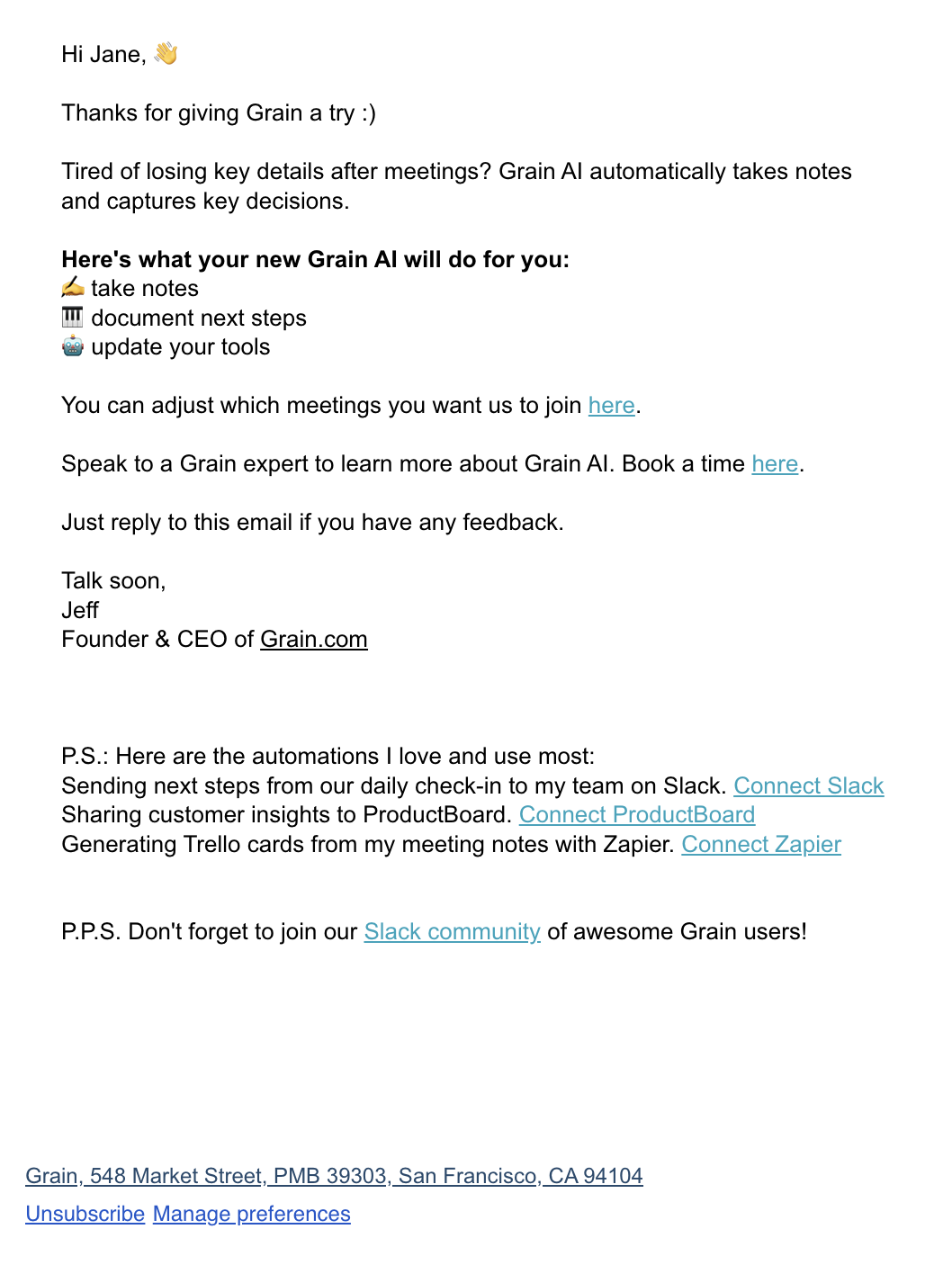 SaaS Plain Text Emails: Screenshot of Grain's plain text email