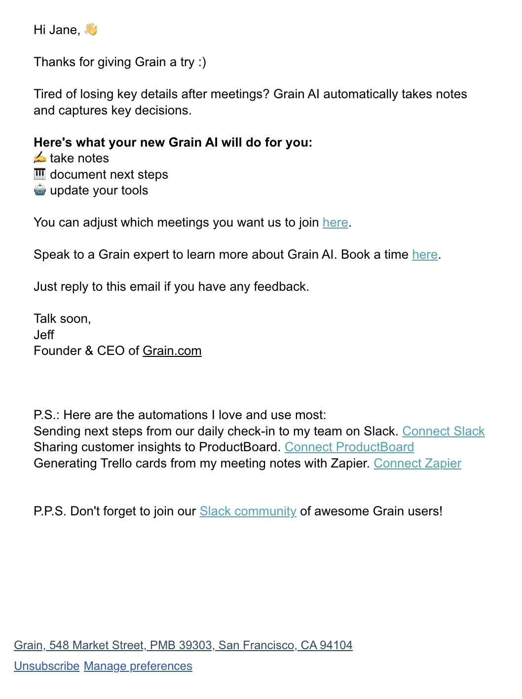 SaaS Plain Text Emails: Screenshot of Grain's plain text email