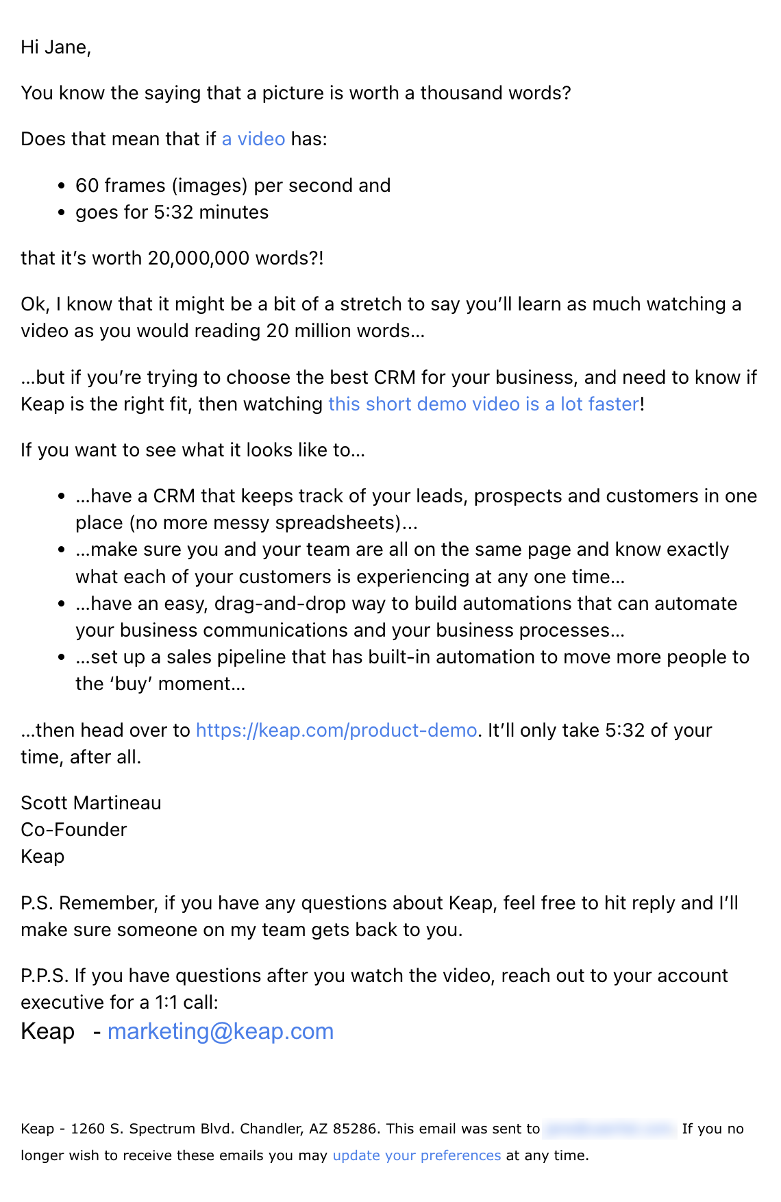 SaaS CTA Emails: Screenshot of Keap's CTA email to watch product demo video