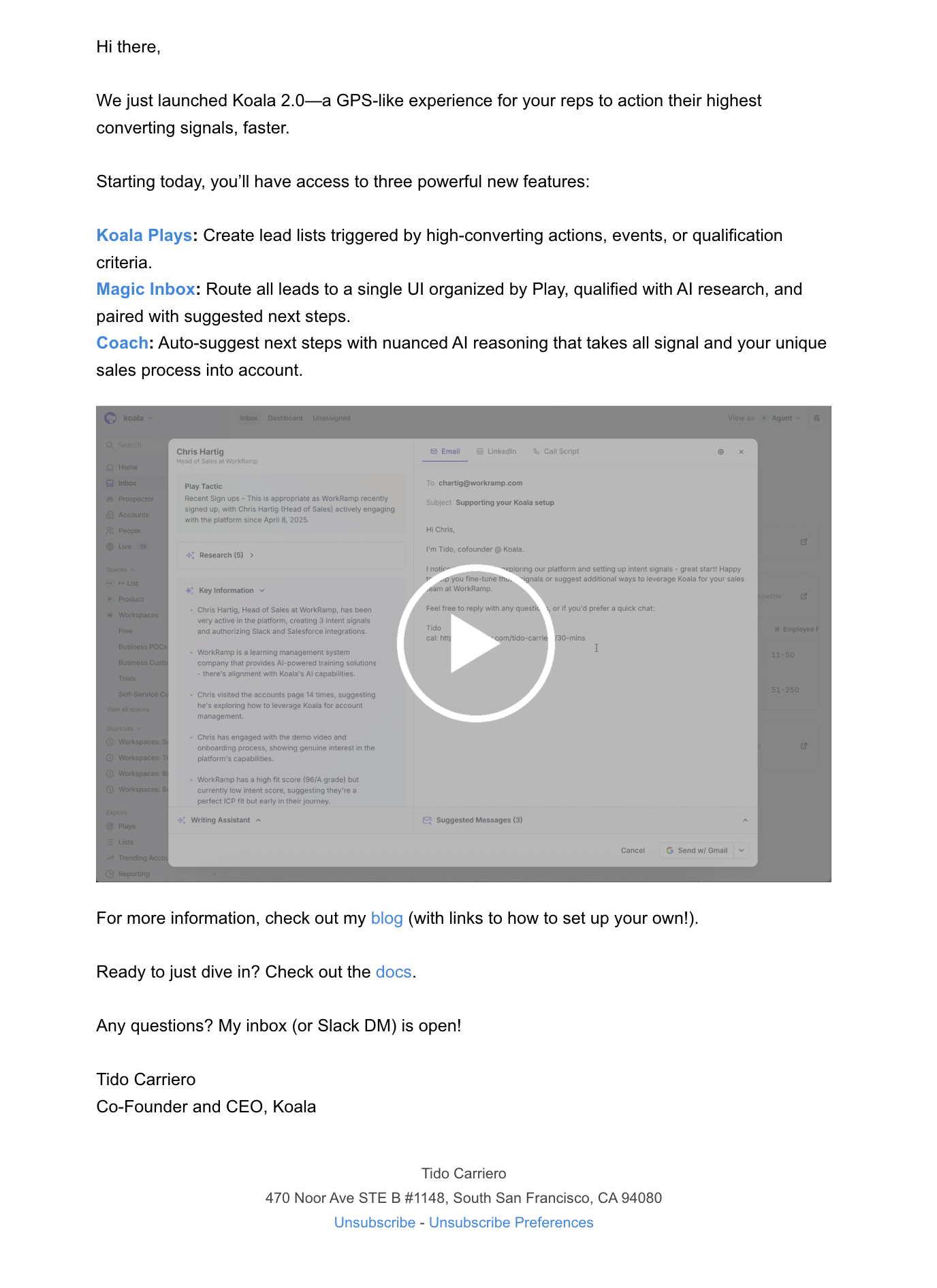 SaaS Plain Text Emails: Screenshot of Koala's plain text email