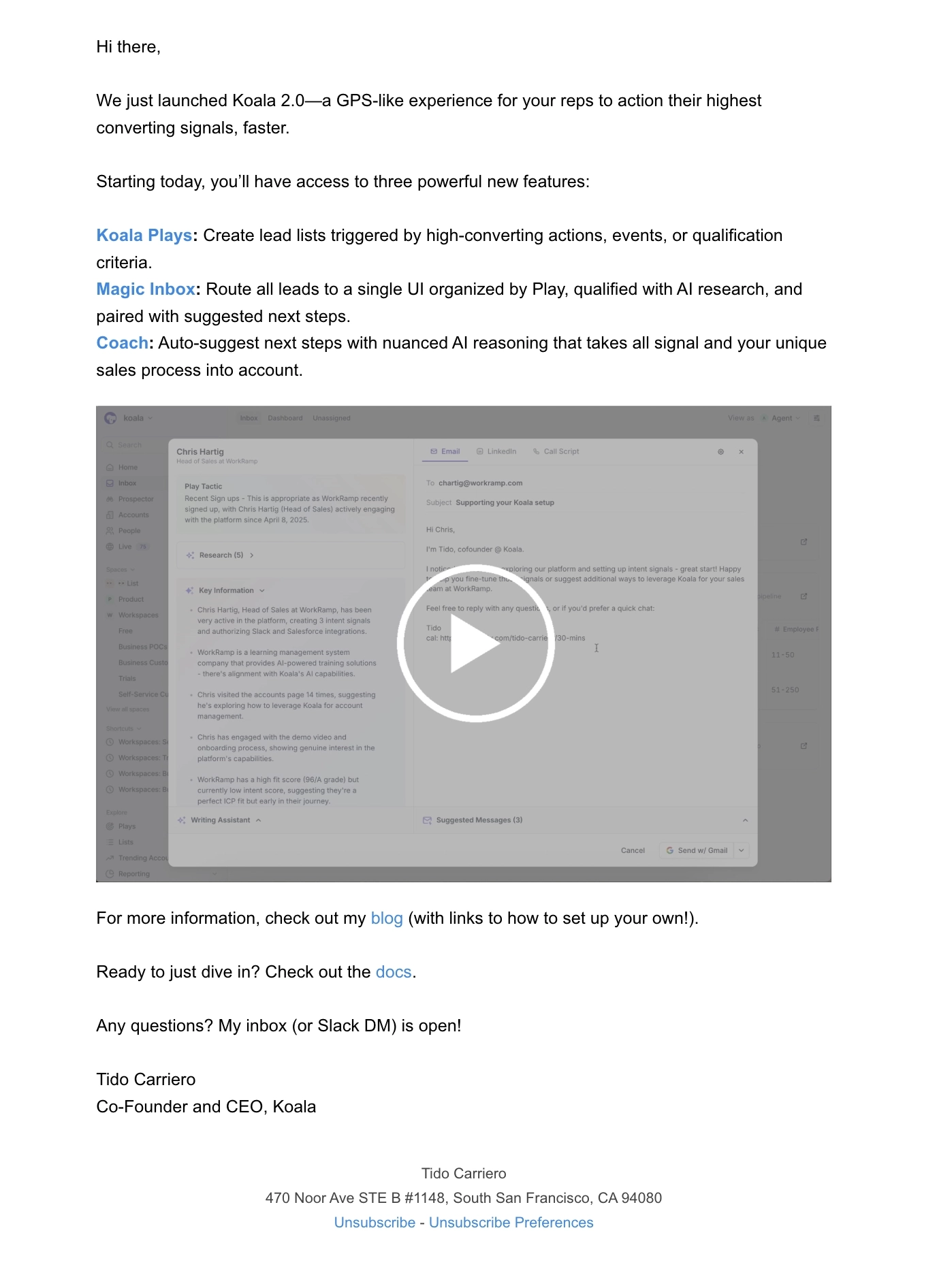 Creative SaaS Emails: Screenshot of Koala's creative email for their new feature announcement