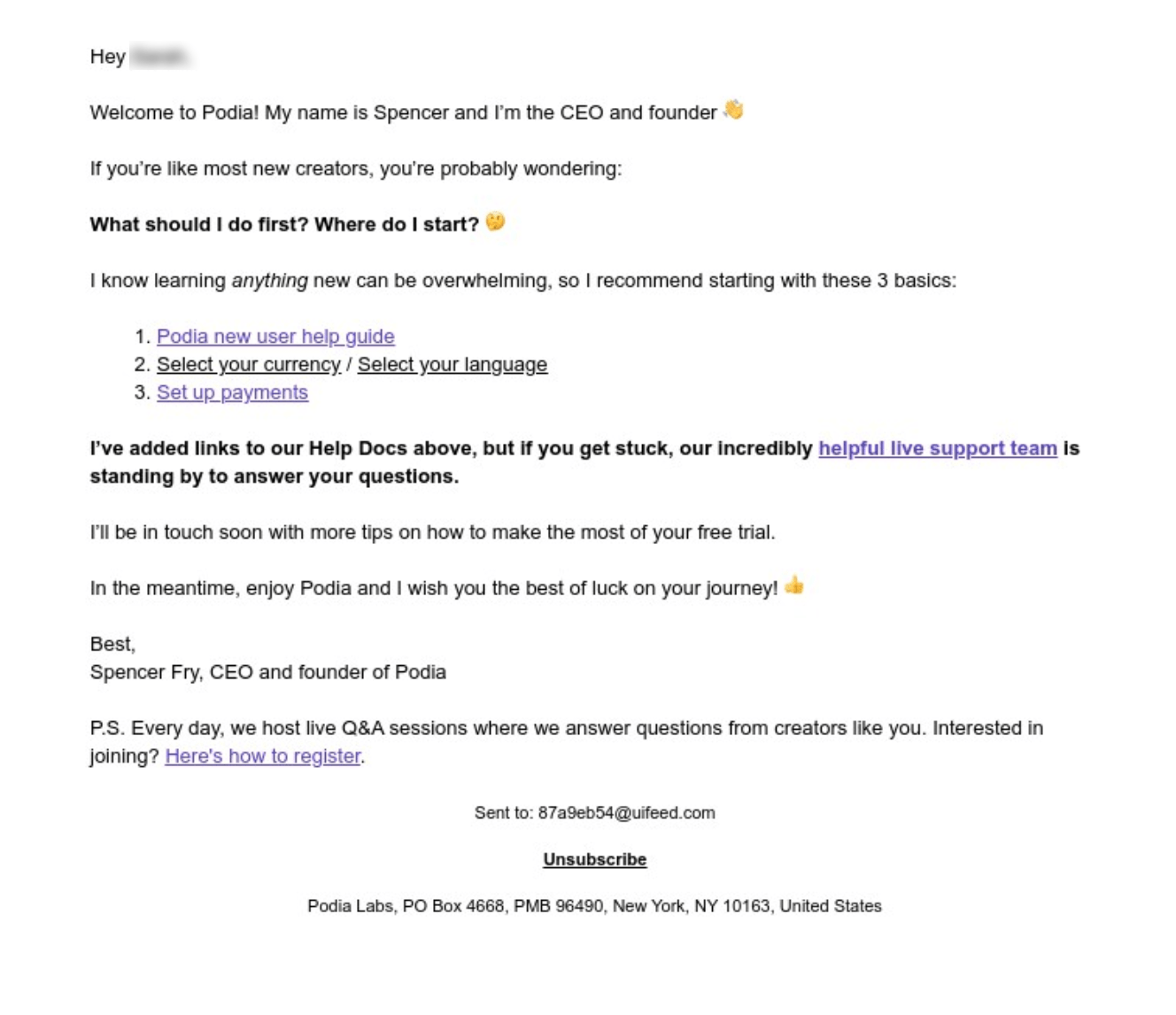 SaaS Plain Text Emails: Screenshot of Podia's plain text email