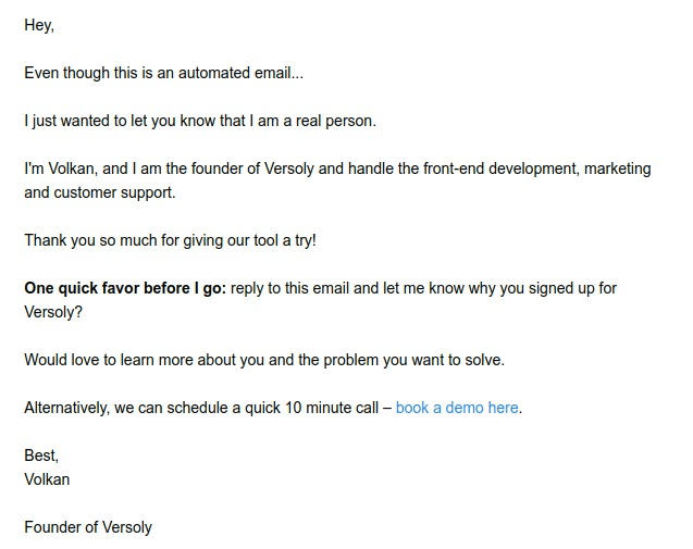 SaaS Plain Text Emails: Screenshot of Versoly's plain text email